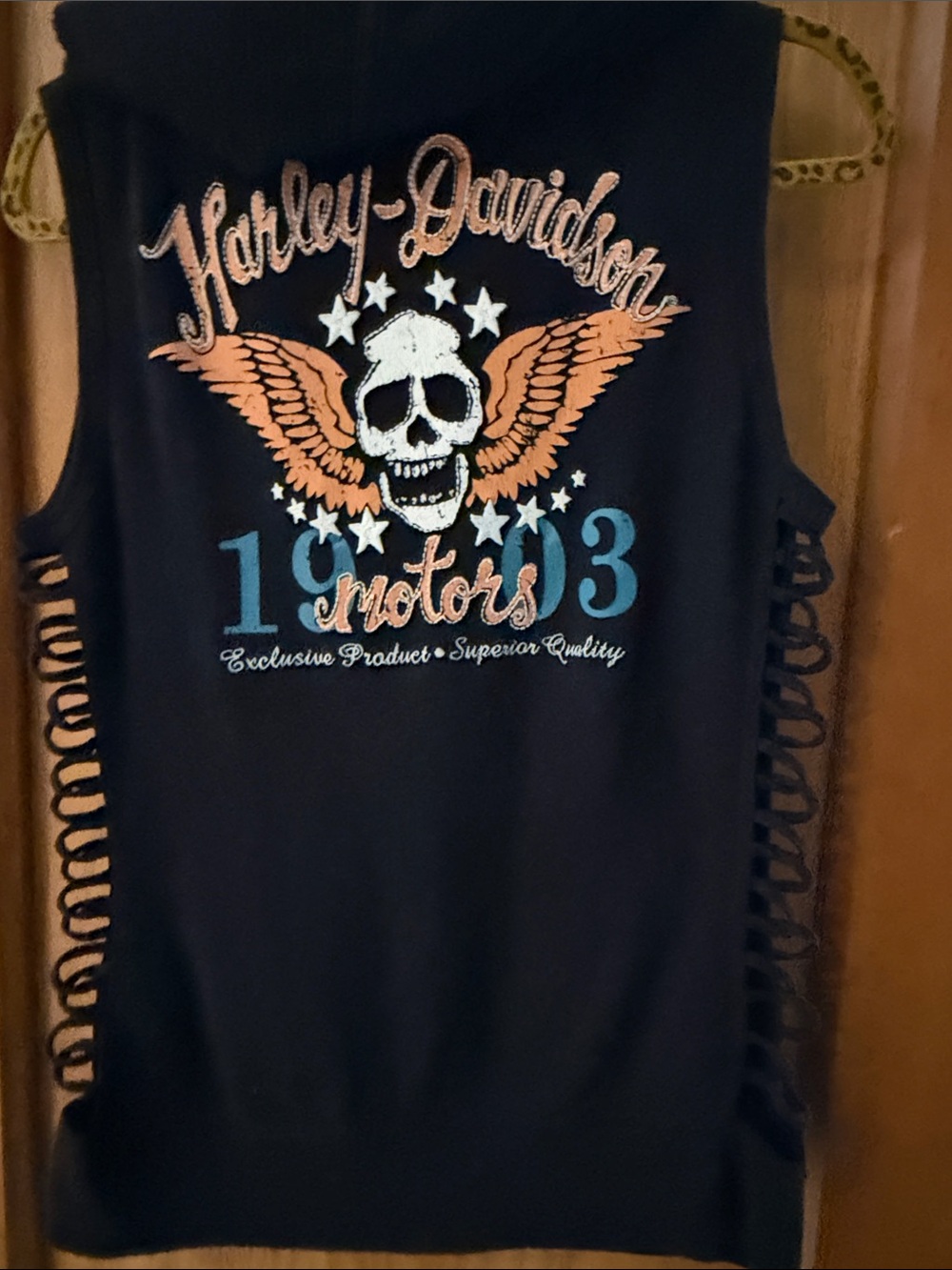 Harley-Davidson Black Hooded Sleeveless Zip Vest with White Skull - Picture 3 of 3